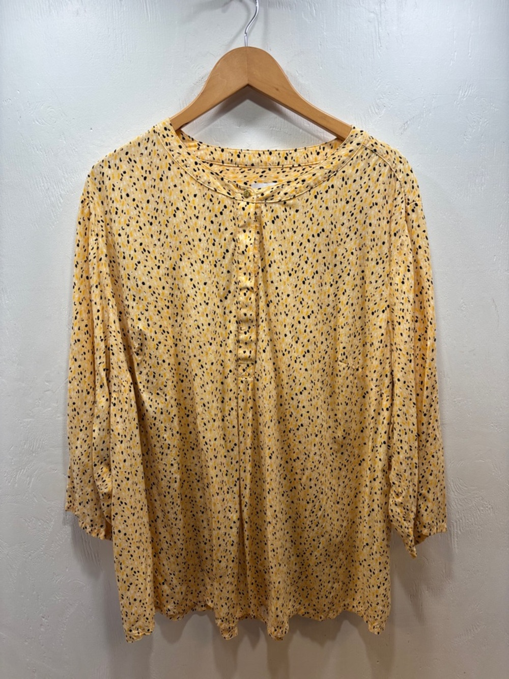 Liz Claiborne Lightweight Speckle Print Yellow Button-Front 3/4 Sleeve Top 3X